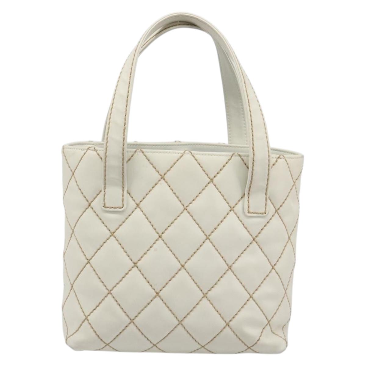 CHANEL Wild stitch Hand Bag Leather White Gold CC Auth mr2601A