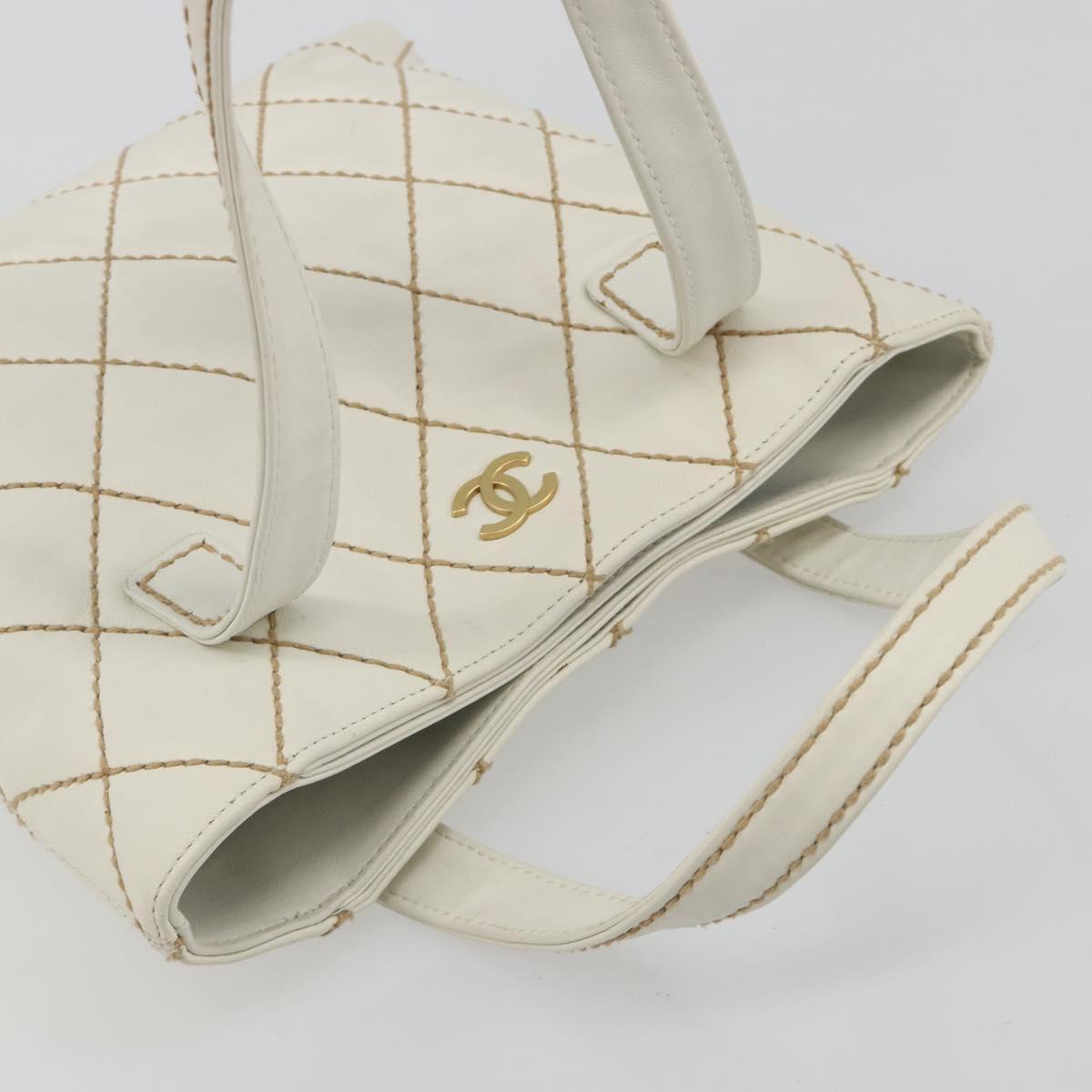 CHANEL Wild stitch Hand Bag Leather White Gold CC Auth mr2601A