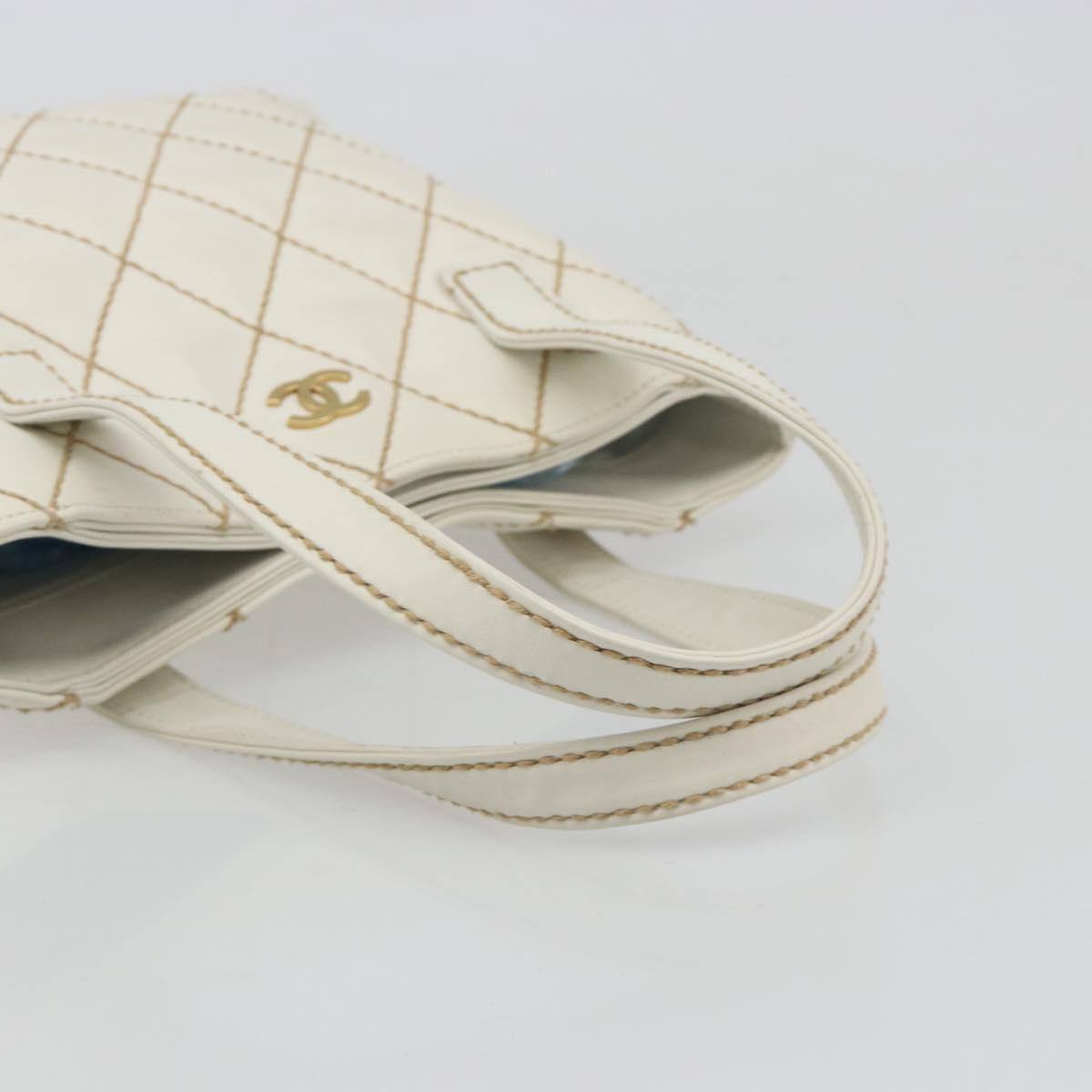 CHANEL Wild stitch Hand Bag Leather White Gold CC Auth mr2601A