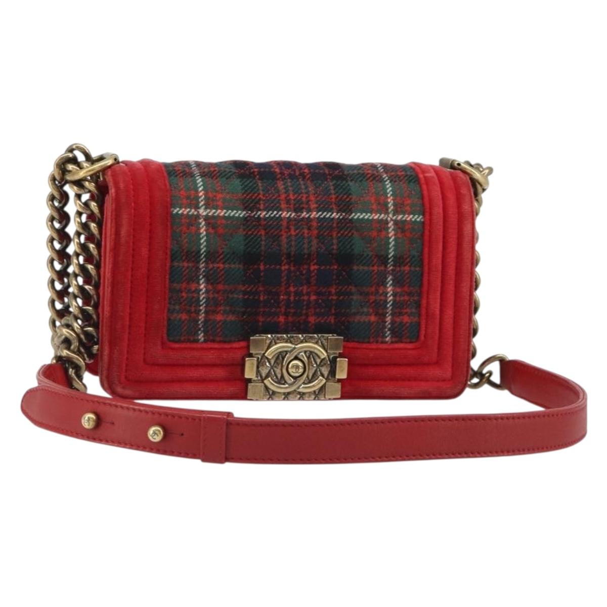 CHANEL Boy Chanel Chain Shoulder Bag Velor Red Gold CC Auth mr2605SAV