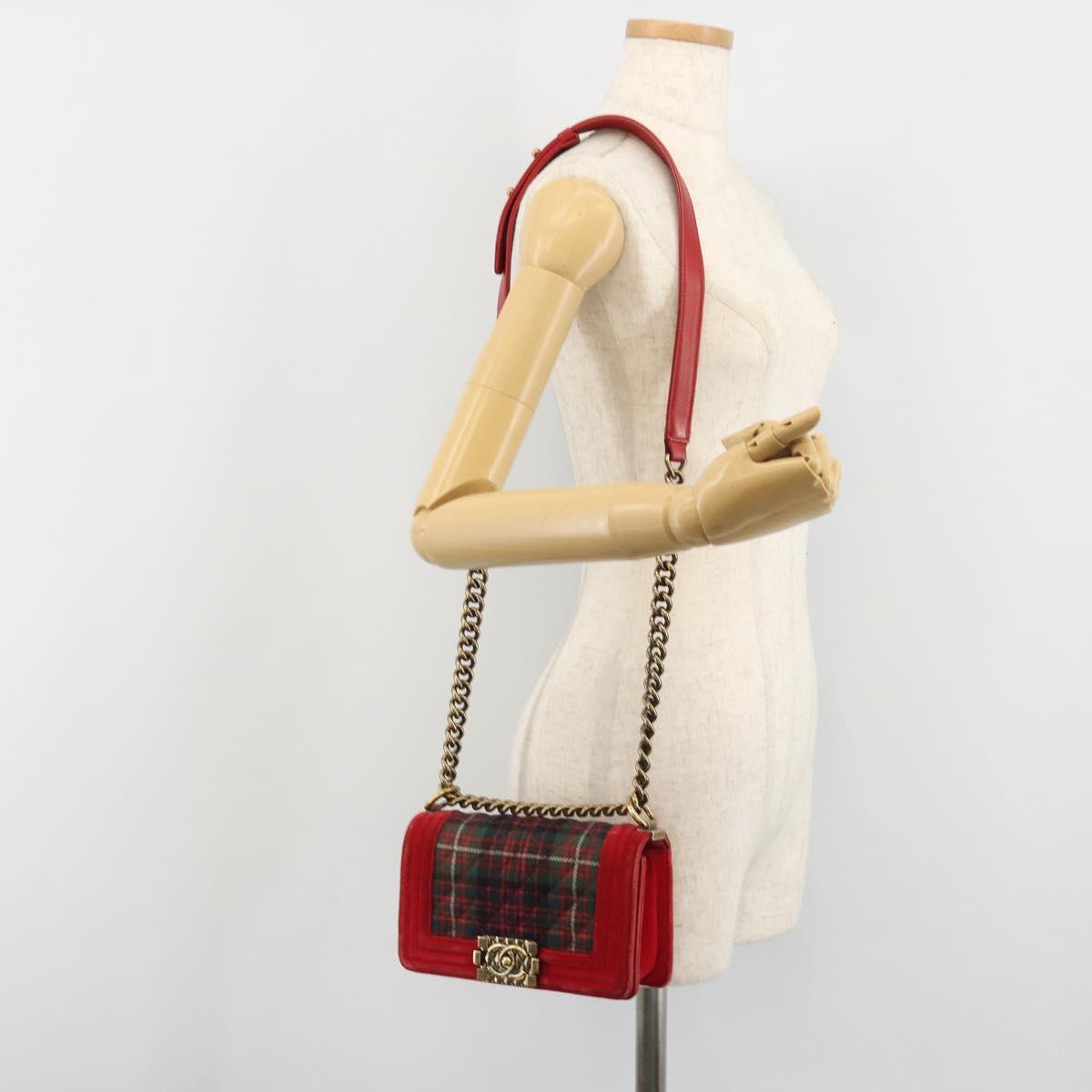 CHANEL Boy Chanel Chain Shoulder Bag Velor Red Gold CC Auth mr2605SAV