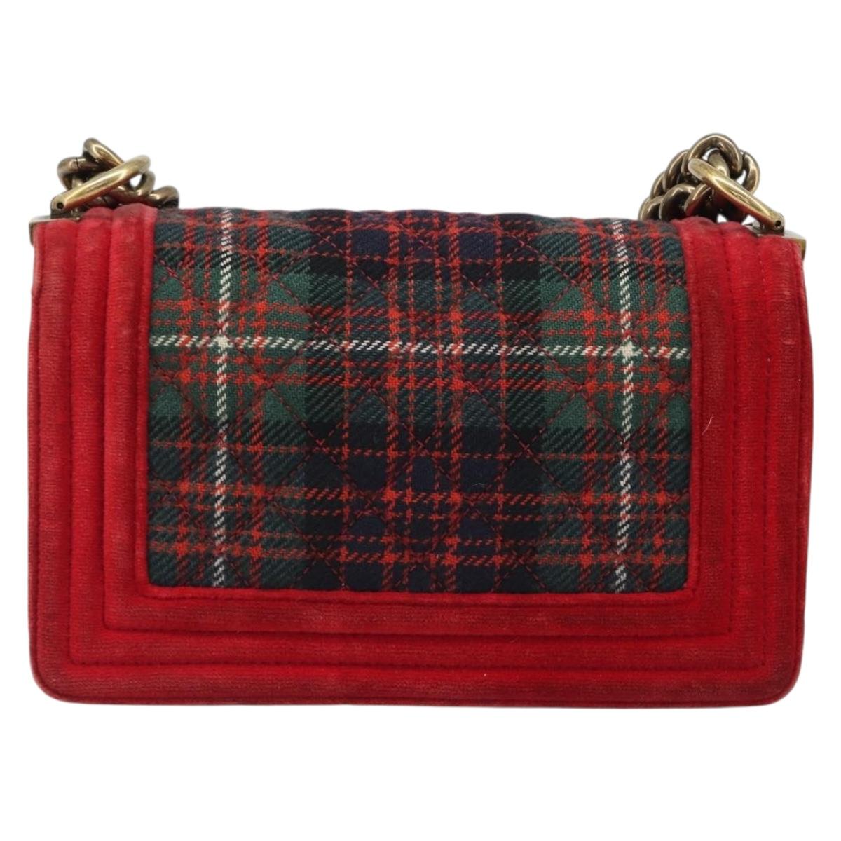 CHANEL Boy Chanel Chain Shoulder Bag Velor Red Gold CC Auth mr2605SAV