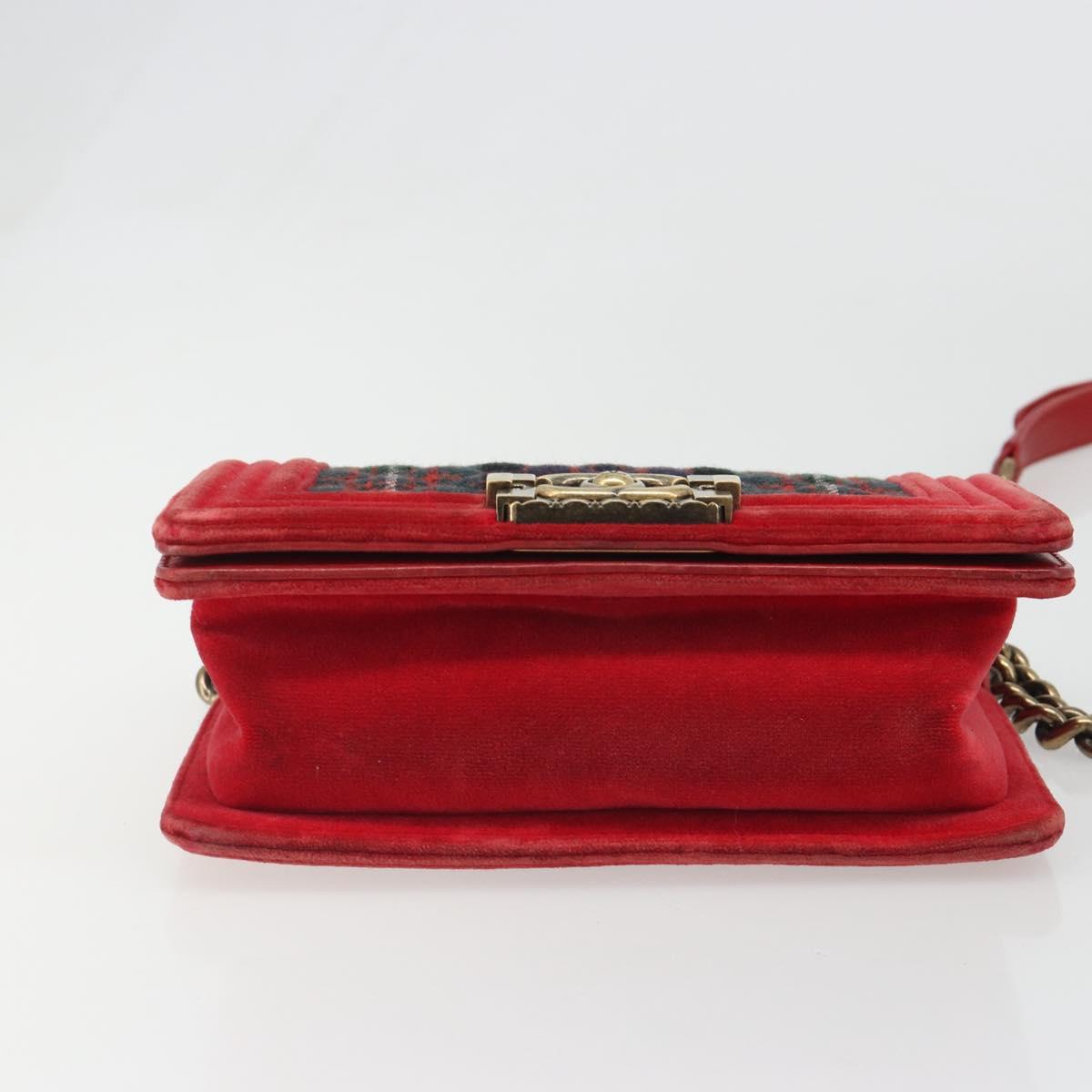 CHANEL Boy Chanel Chain Shoulder Bag Velor Red Gold CC Auth mr2605SAV
