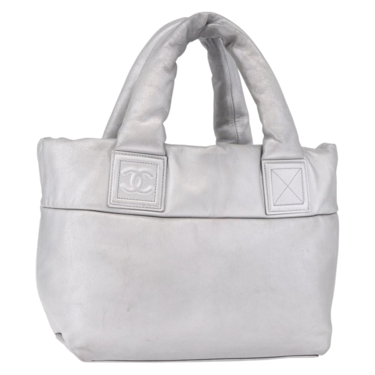 CHANEL Cococoon Tote Bag Leather Silver CC Auth mr2607