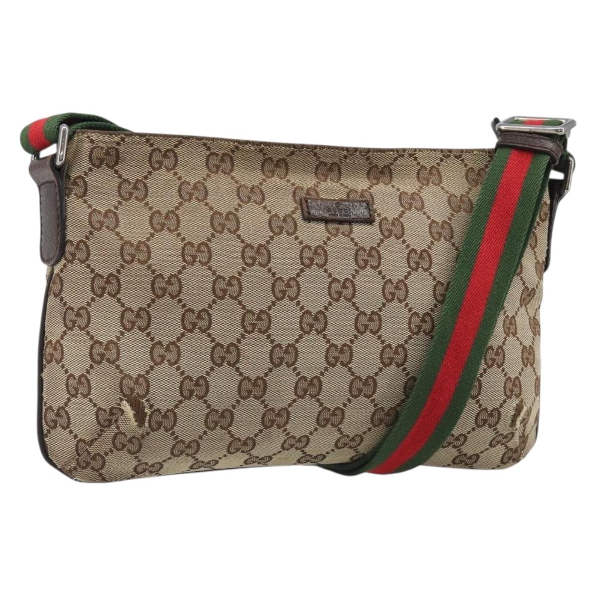 GUCCI GG Canvas Web Sherry Line Shoulder Bag Beige Silver 189749 Auth mr2613