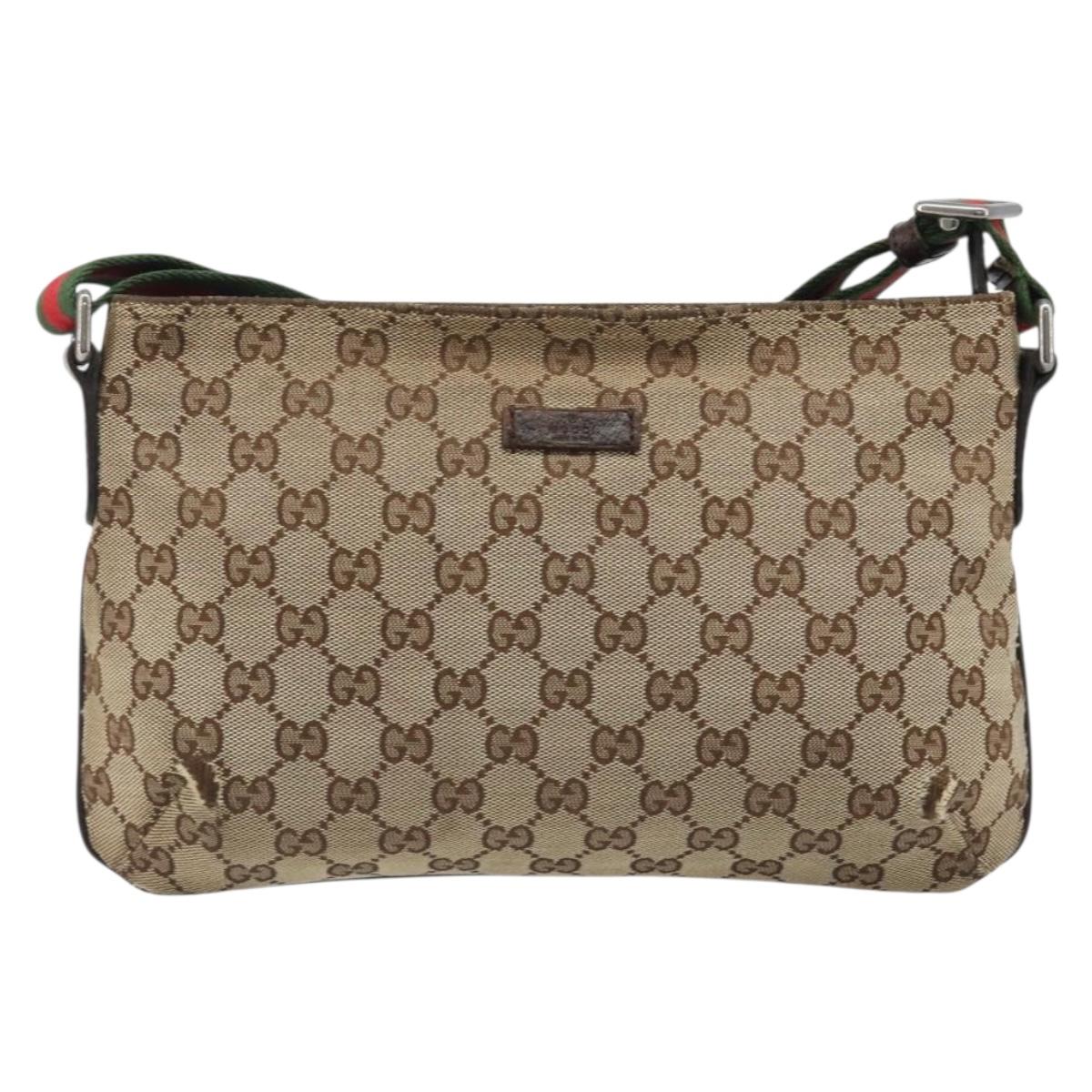 GUCCI GG Canvas Web Sherry Line Shoulder Bag Beige Silver 189749 Auth mr2613