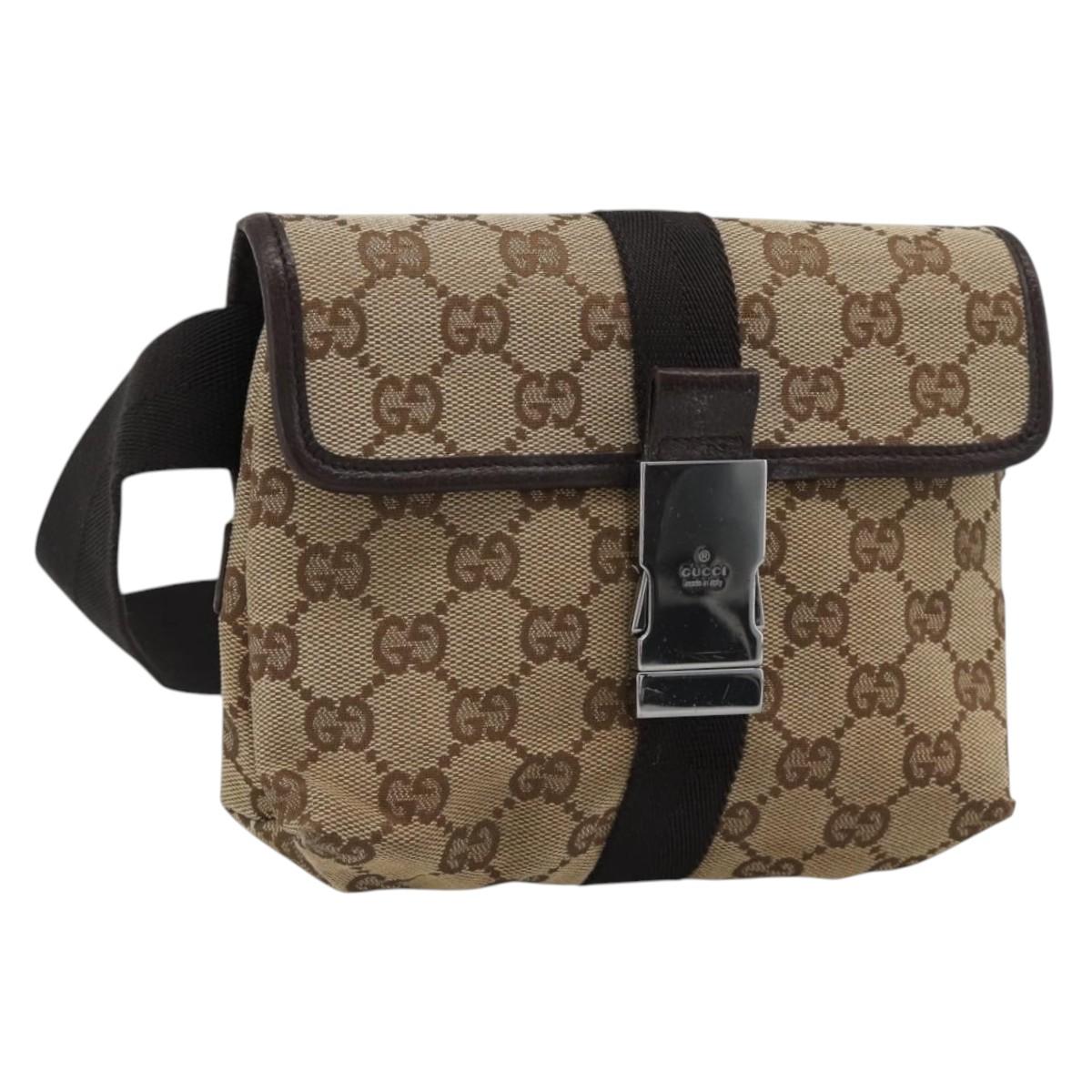GUCCI GG Canvas Waist Bag Brown Silver 131236 Auth mr2640