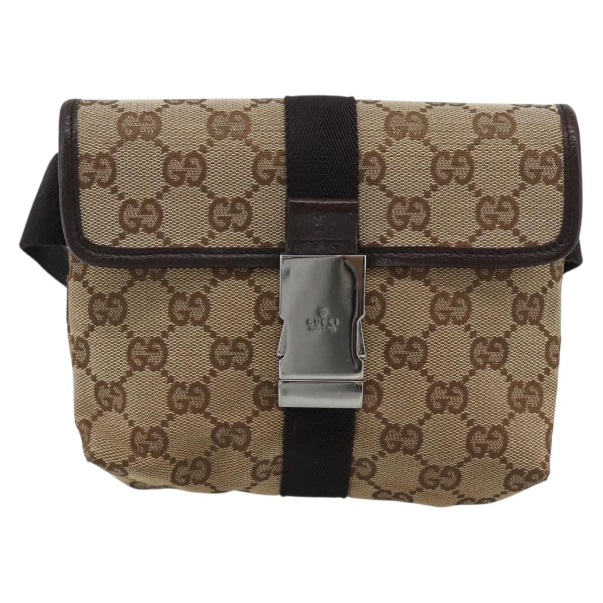GUCCI GG Canvas Waist Bag Brown Silver 131236 Auth mr2640