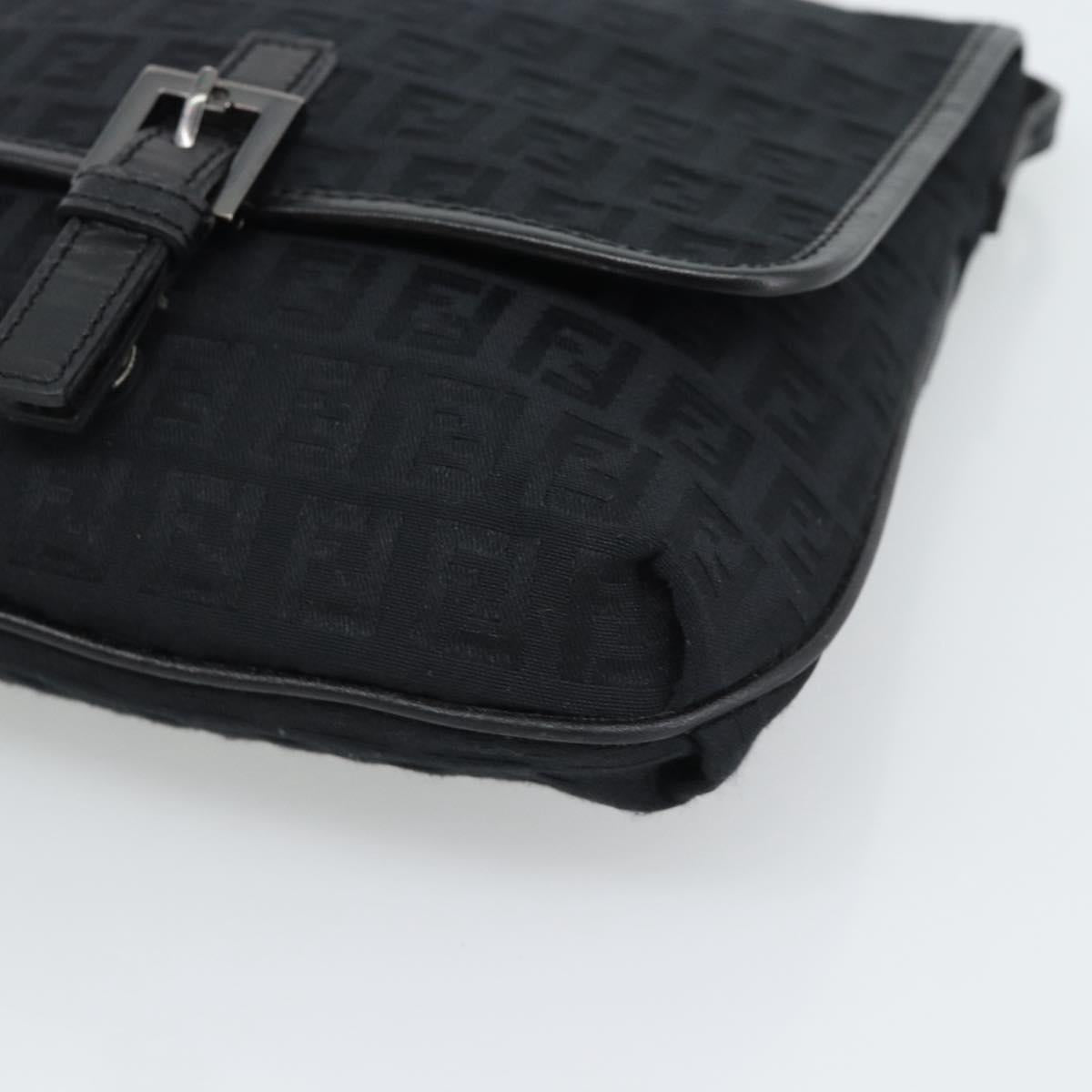 FENDI Zucchino Canvas Shoulder Bag Black Silver Auth mr2656