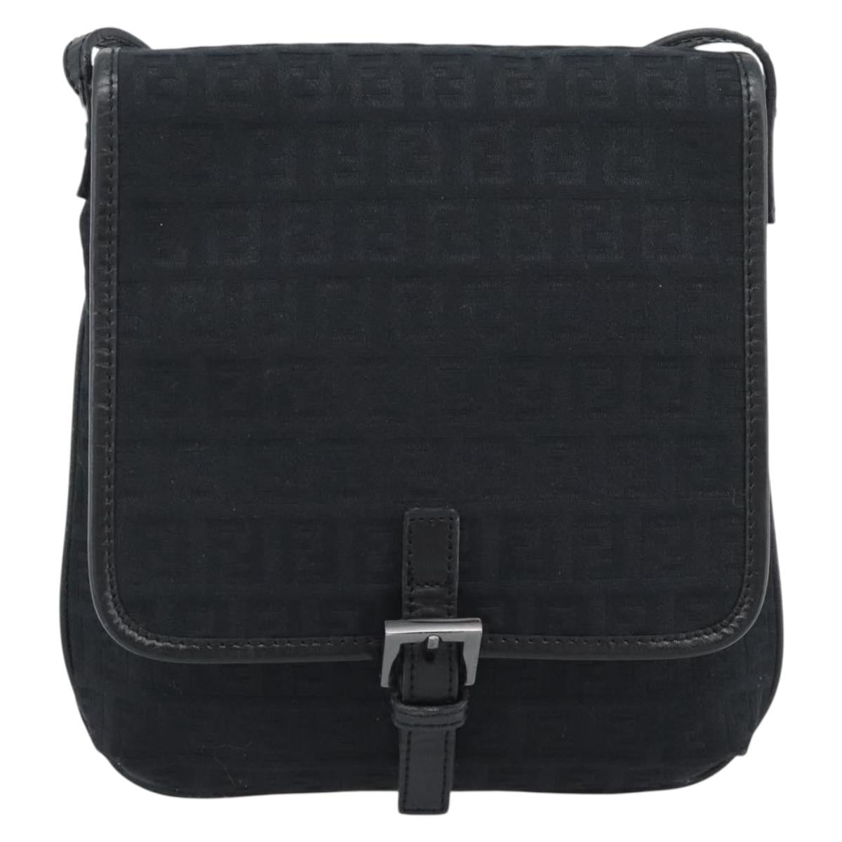FENDI Zucchino Canvas Shoulder Bag Black Silver Auth mr2656