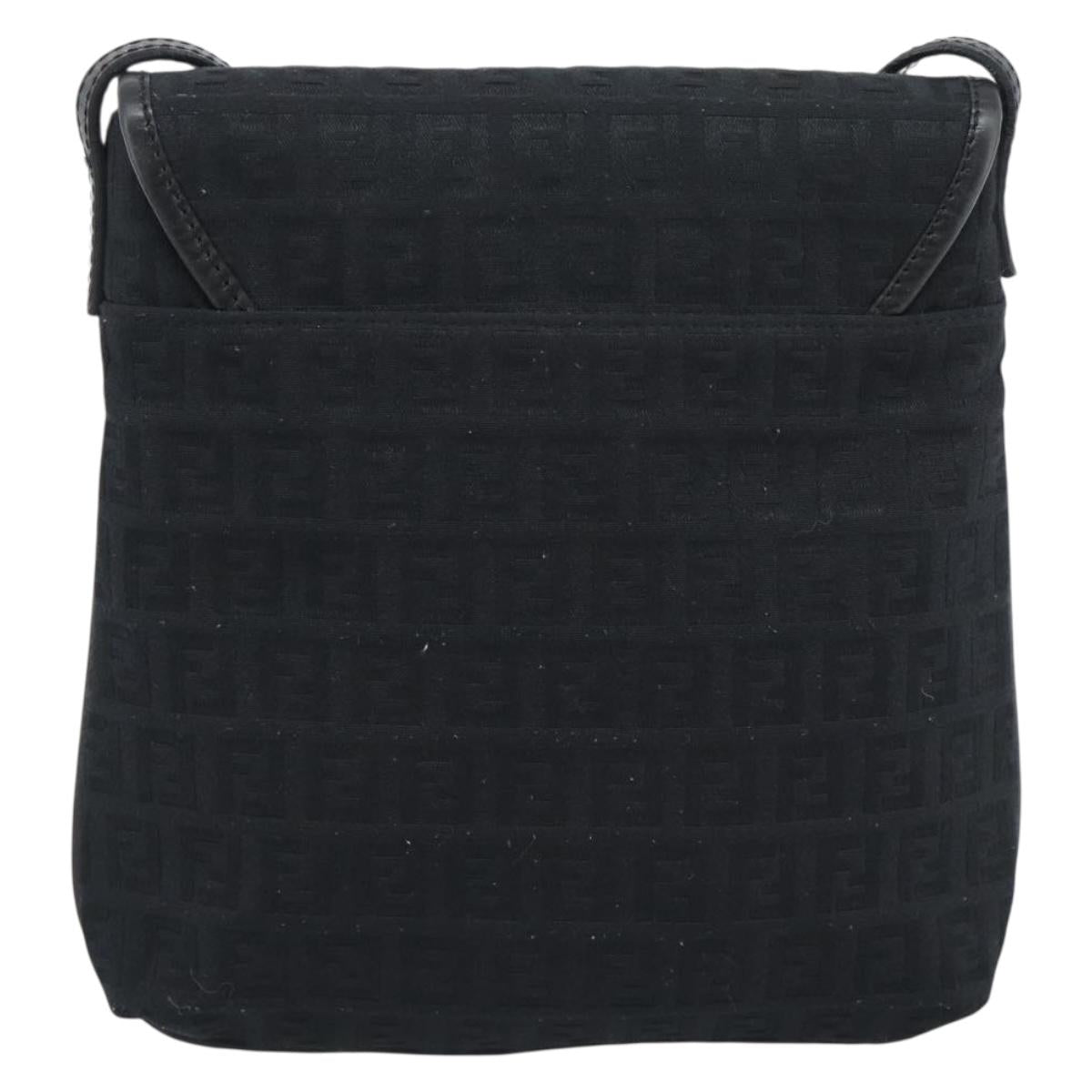 FENDI Zucchino Canvas Shoulder Bag Black Silver Auth mr2656