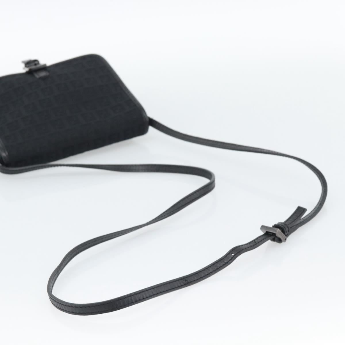 FENDI Zucchino Canvas Shoulder Bag Black Silver Auth mr2656