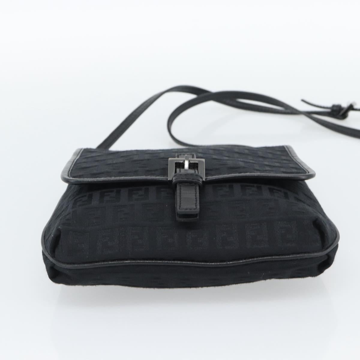 FENDI Zucchino Canvas Shoulder Bag Black Silver Auth mr2656