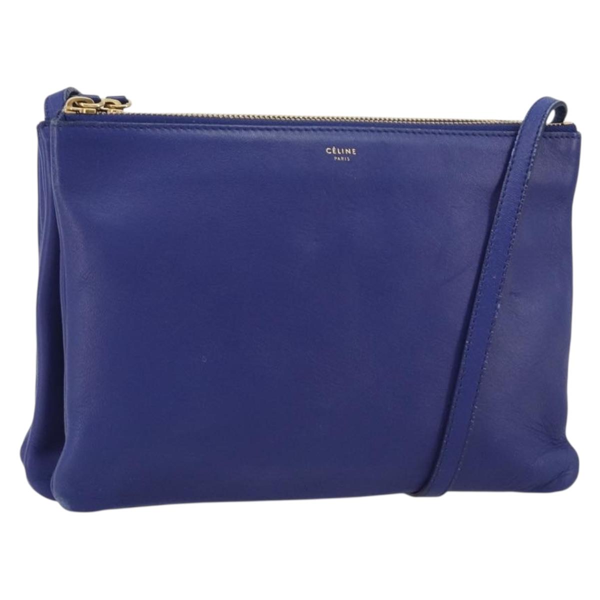 CELINE Trio Shoulder Bag Leather Blue Gold Auth mr2667