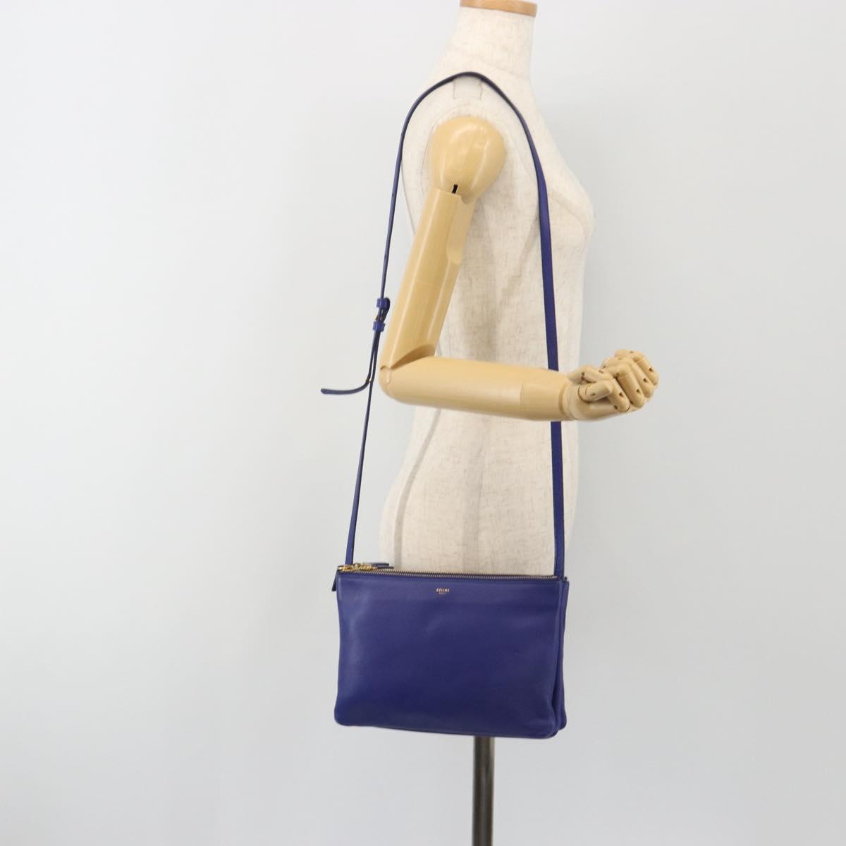 CELINE Trio Shoulder Bag Leather Blue Gold Auth mr2667