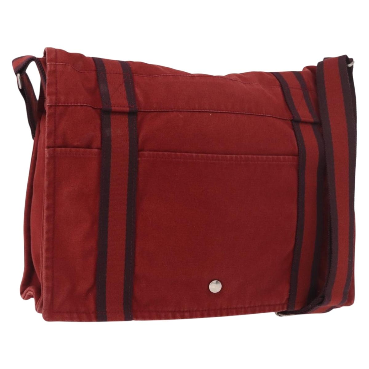 HERMES Bathas Shoulder Bag Canvas Red Silver Auth mr2683
