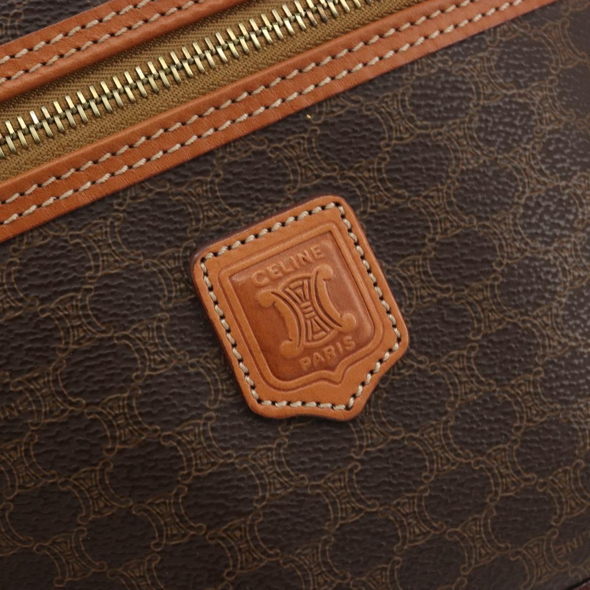 CELINE Macadam Canvas Vanity Hand Bag PVC Leather Brown Gold Auth mr2684A