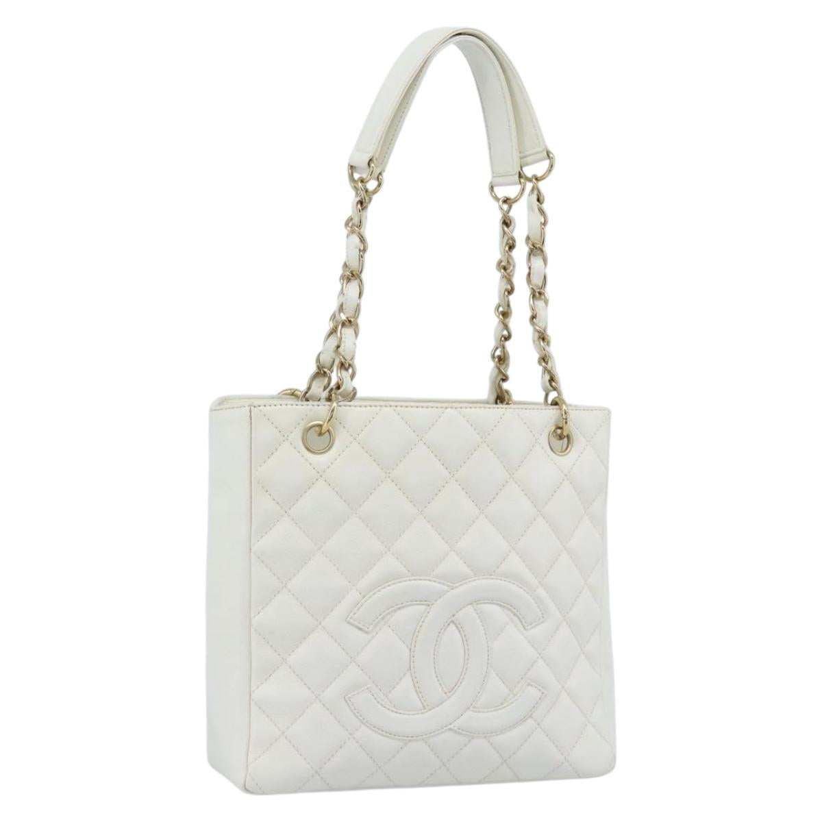 CHANEL Chain Shoulder Bag Caviar Skin White Gold CC Auth mr2704