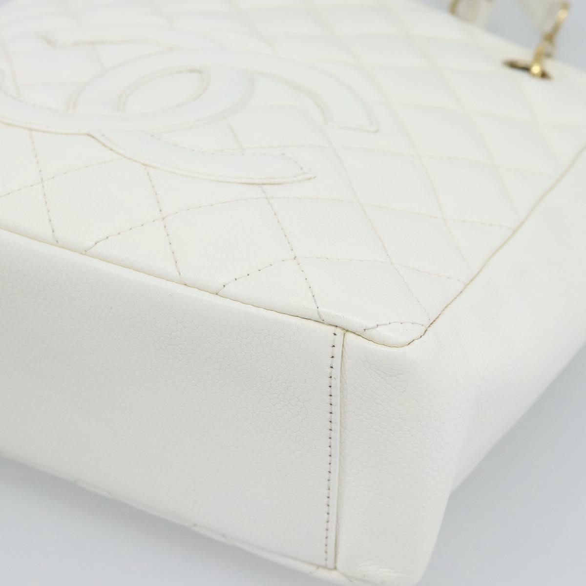 CHANEL Chain Shoulder Bag Caviar Skin White Gold CC Auth mr2704