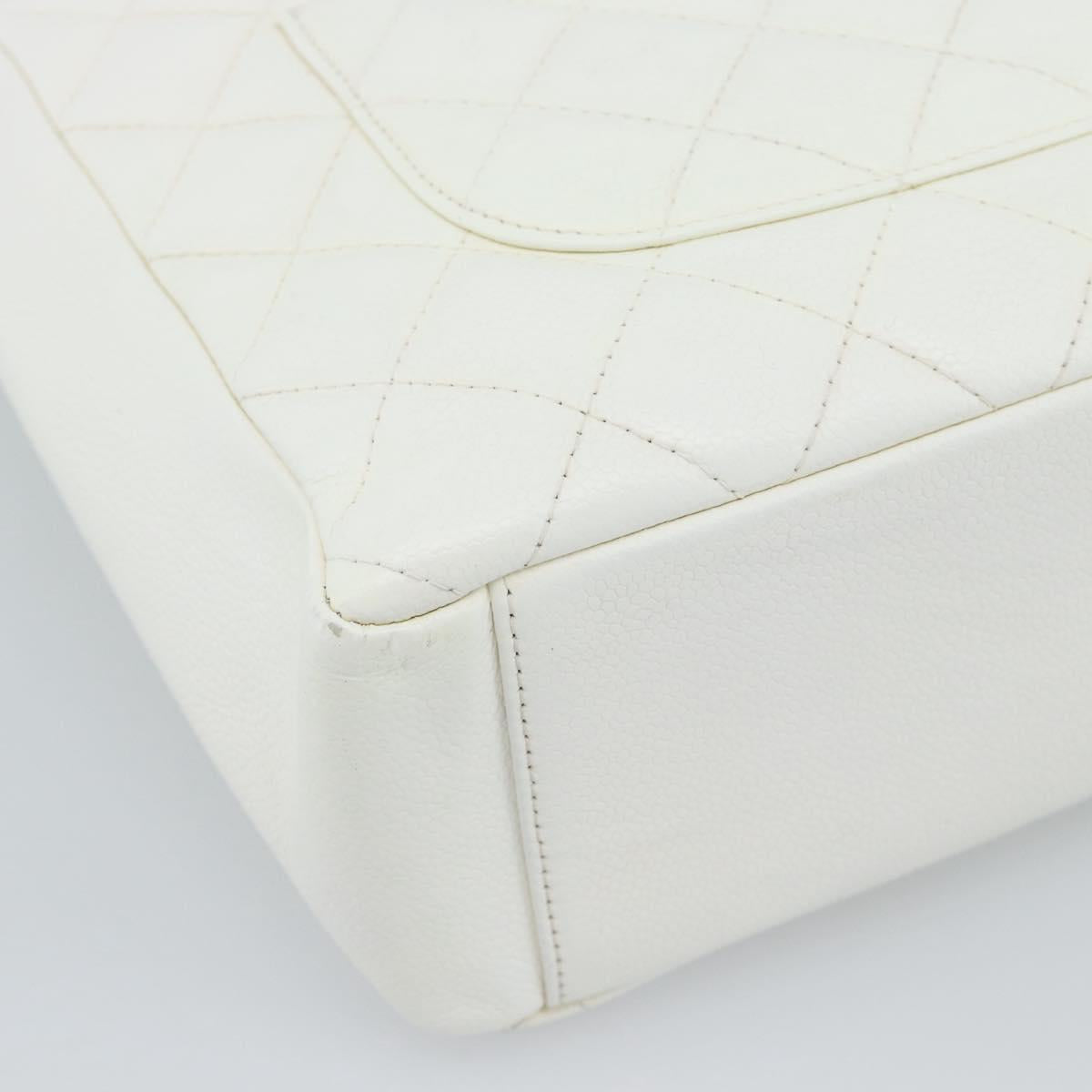 CHANEL Chain Shoulder Bag Caviar Skin White Gold CC Auth mr2704