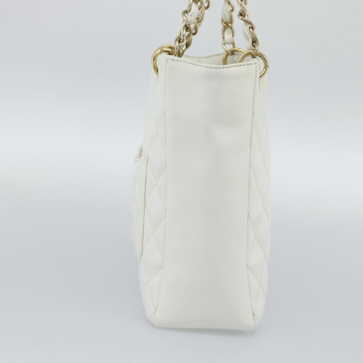 CHANEL Chain Shoulder Bag Caviar Skin White Gold CC Auth mr2704
