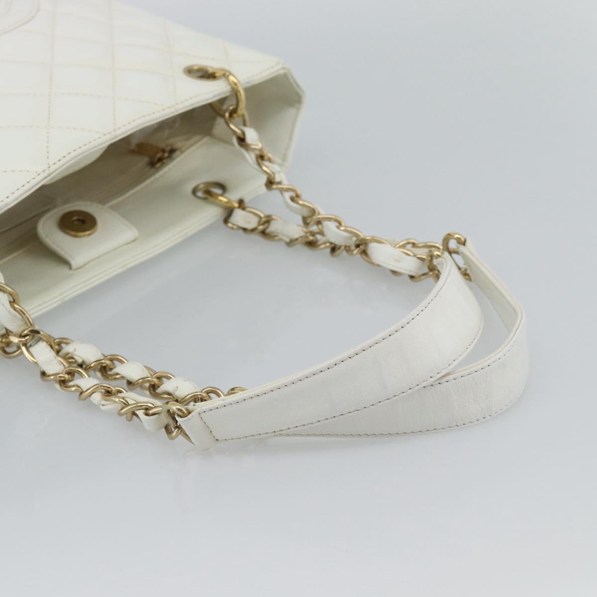 CHANEL Chain Shoulder Bag Caviar Skin White Gold CC Auth mr2704