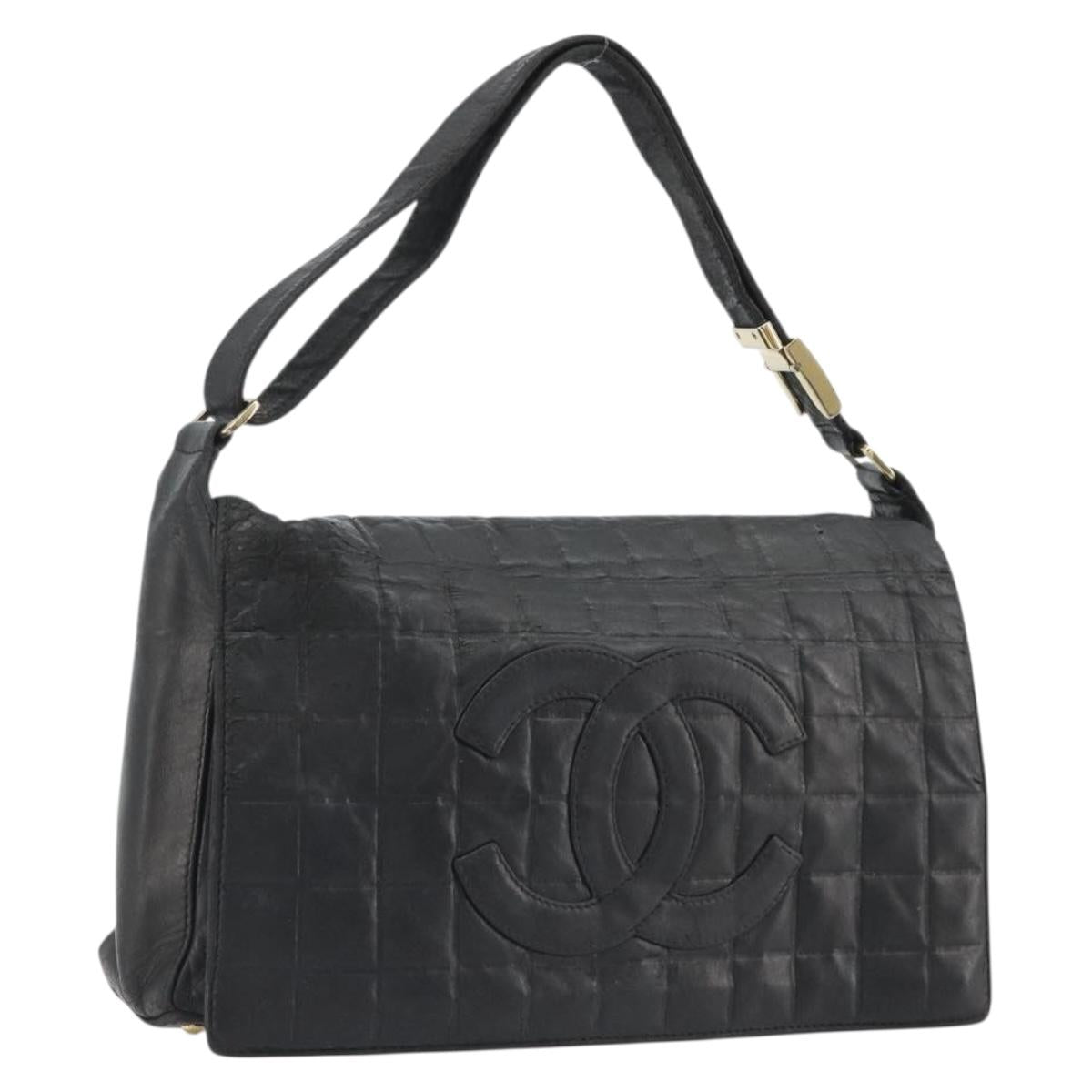CHANEL Choco Bar Line Shoulder Bag Leather Black Silver CC Auth mr2705