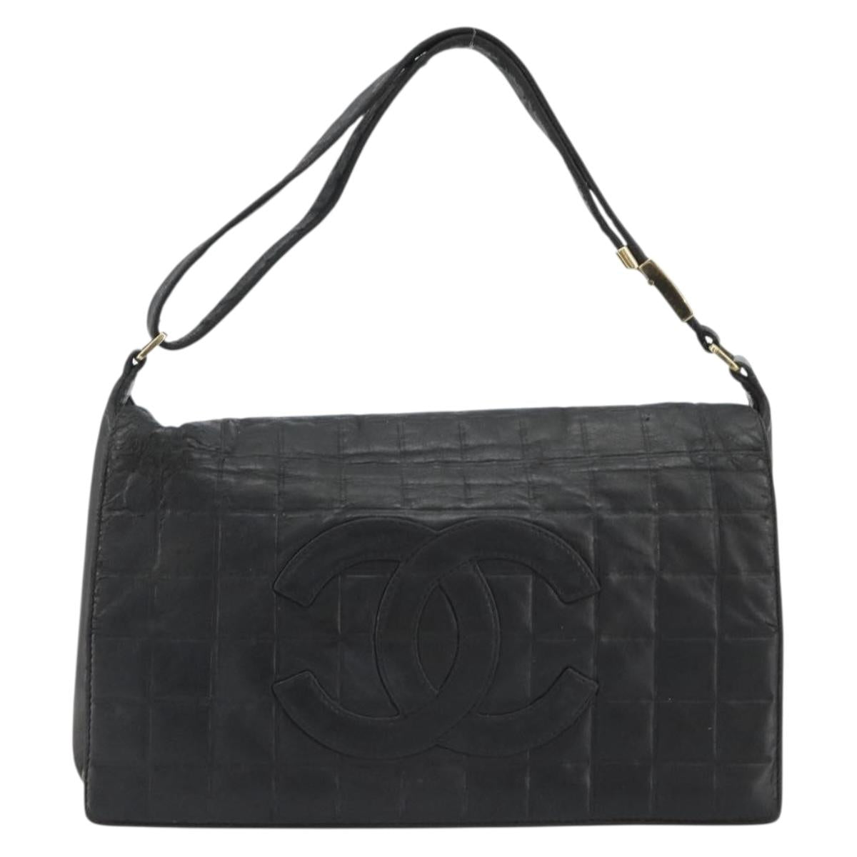 CHANEL Choco Bar Line Shoulder Bag Leather Black Silver CC Auth mr2705