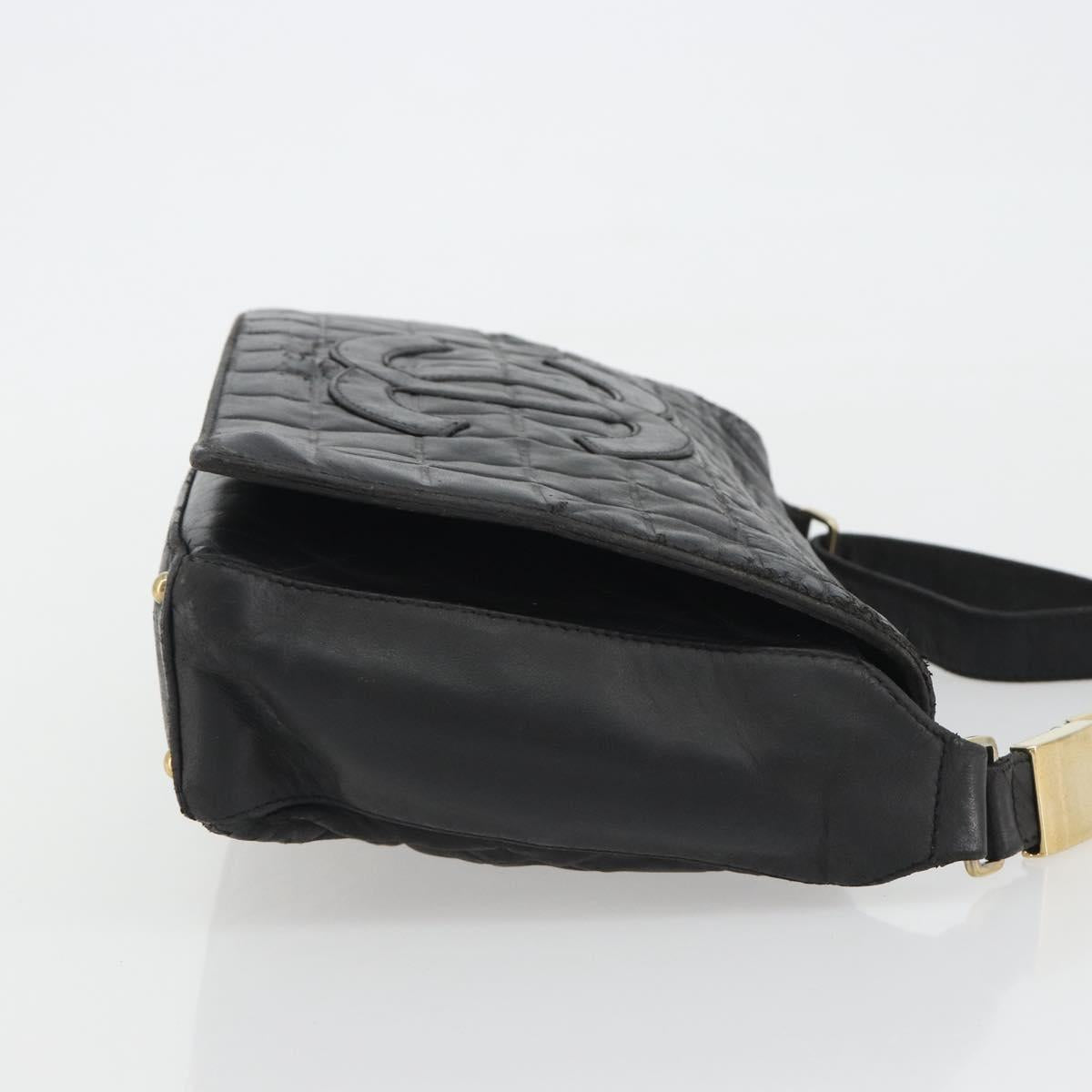 CHANEL Choco Bar Line Shoulder Bag Leather Black Silver CC Auth mr2705