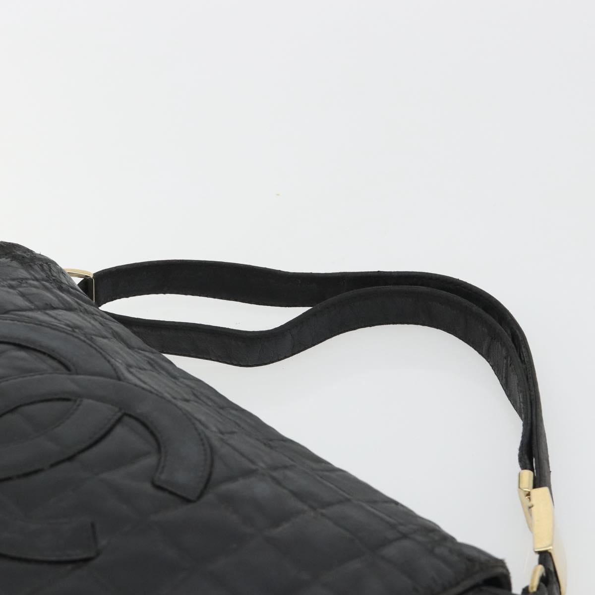 CHANEL Choco Bar Line Shoulder Bag Leather Black Silver CC Auth mr2705