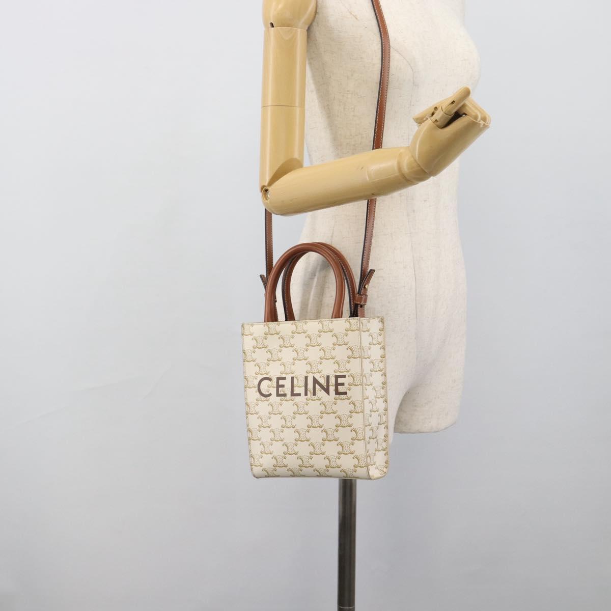 CELINE Triomphe Vertical Cabas Mini Bag Leather 2way Beige Gold Auth mr2709V
