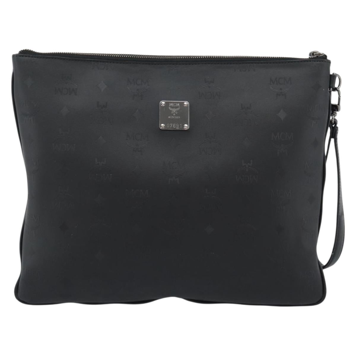 MCM Vicetos Logogram Clutch Bag Leather PVC Black Silver Auth mr2715