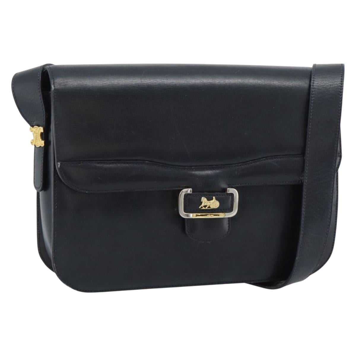 CELINE Shoulder Bag Leather Navy Gold Auth mr2716