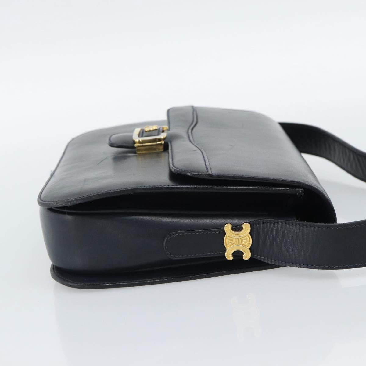 CELINE Shoulder Bag Leather Navy Gold Auth mr2716