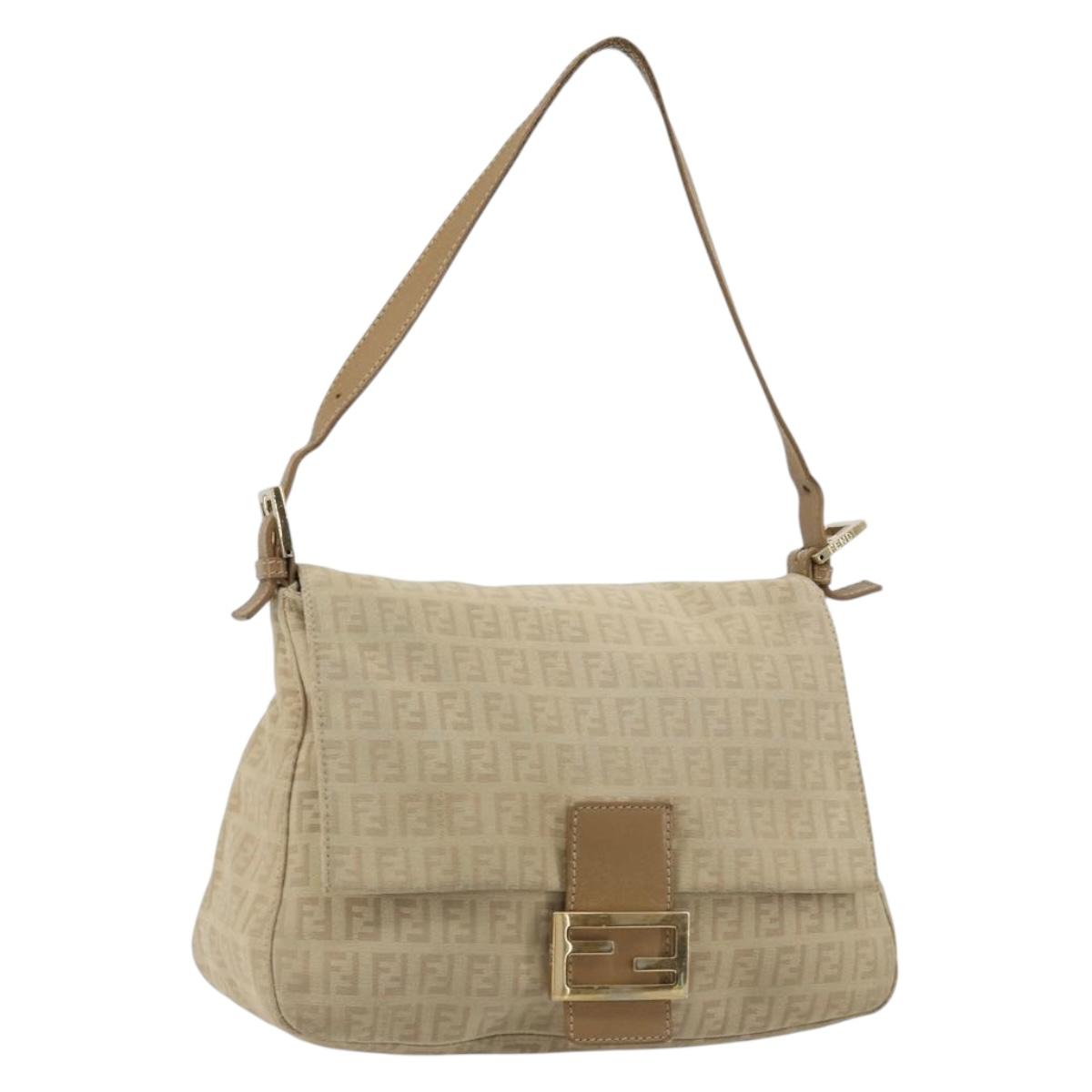 FENDI Zucchino Canvas Mamma Baguette Hand Bag Beige Gold Auth mr2723