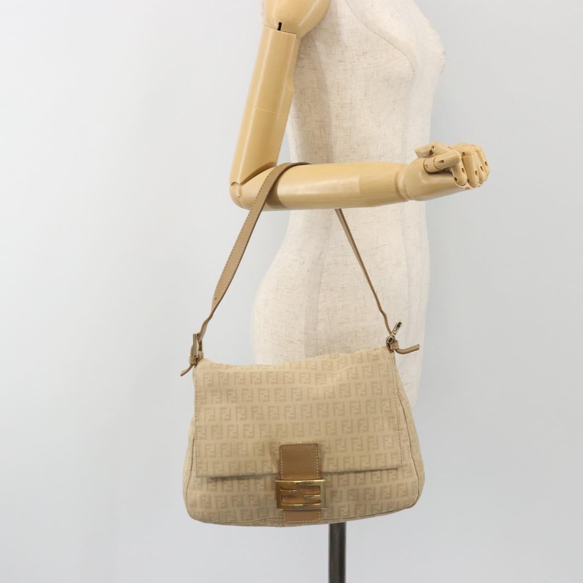 FENDI Zucchino Canvas Mamma Baguette Hand Bag Beige Gold Auth mr2723