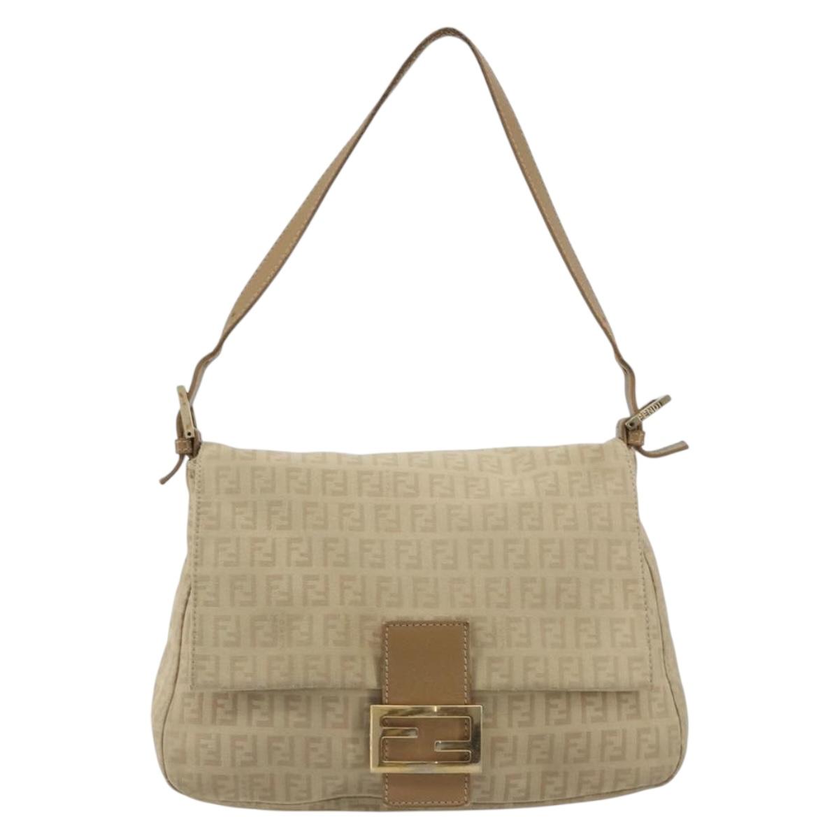 FENDI Zucchino Canvas Mamma Baguette Hand Bag Beige Gold Auth mr2723