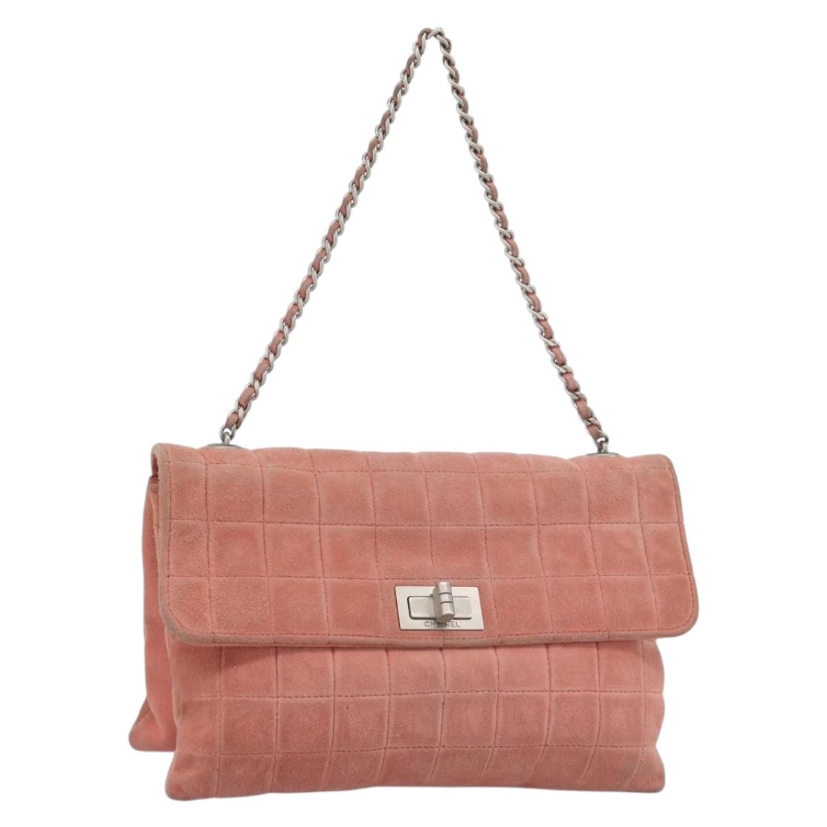 CHANEL Choco Bar 2.55 Chain Shoulder Bag Suede Pink Silver CC Auth mr2730