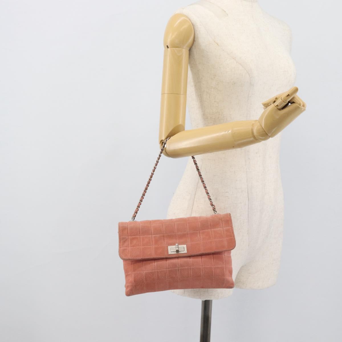 CHANEL Choco Bar 2.55 Chain Shoulder Bag Suede Pink Silver CC Auth mr2730