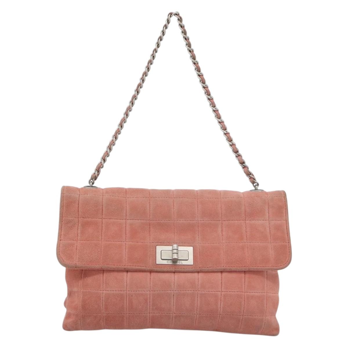 CHANEL Choco Bar 2.55 Chain Shoulder Bag Suede Pink Silver CC Auth mr2730