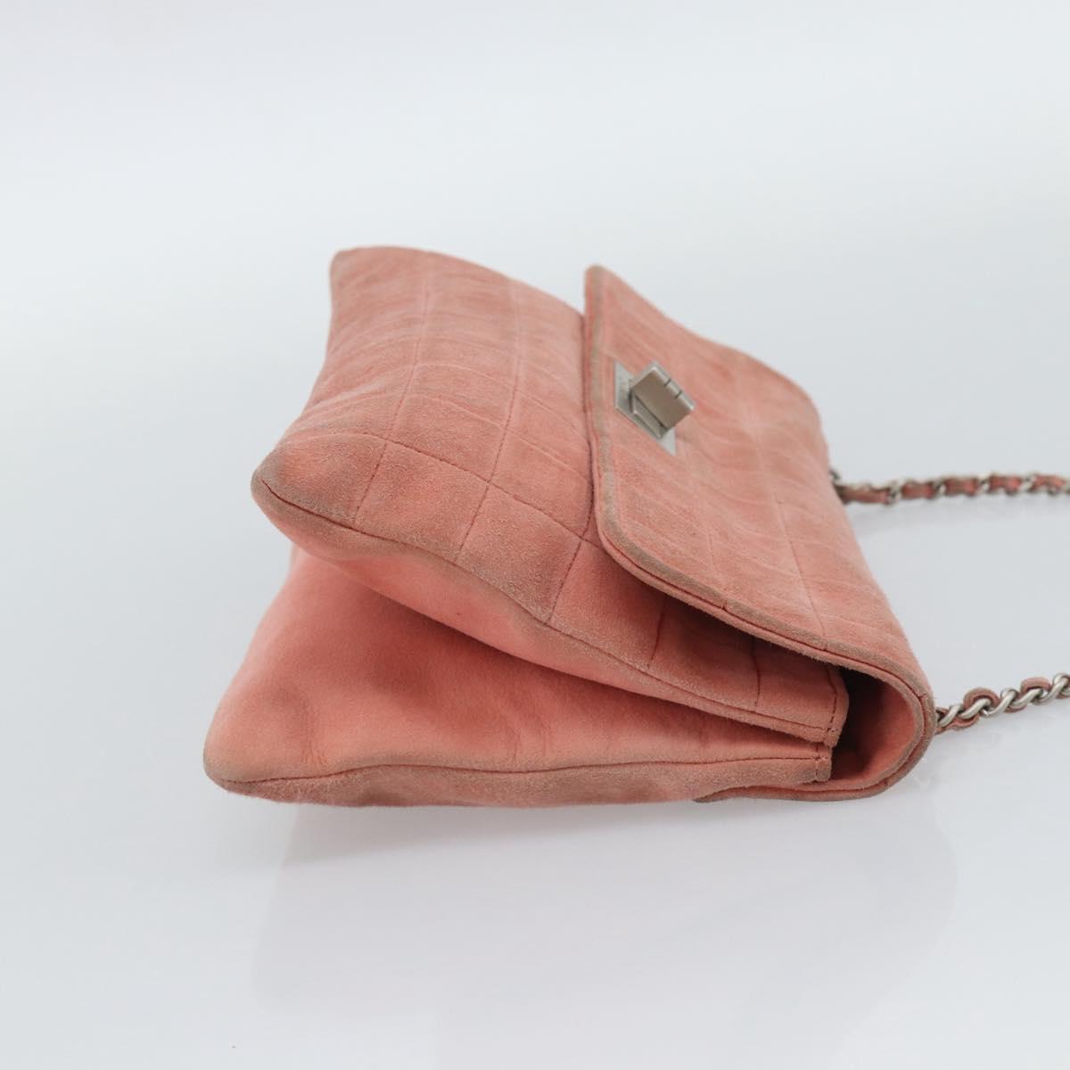 CHANEL Choco Bar 2.55 Chain Shoulder Bag Suede Pink Silver CC Auth mr2730