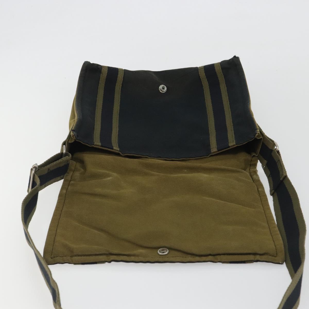 HERMES Bassus PM Shoulder Bag Canvas Khaki Silver Auth mr2731