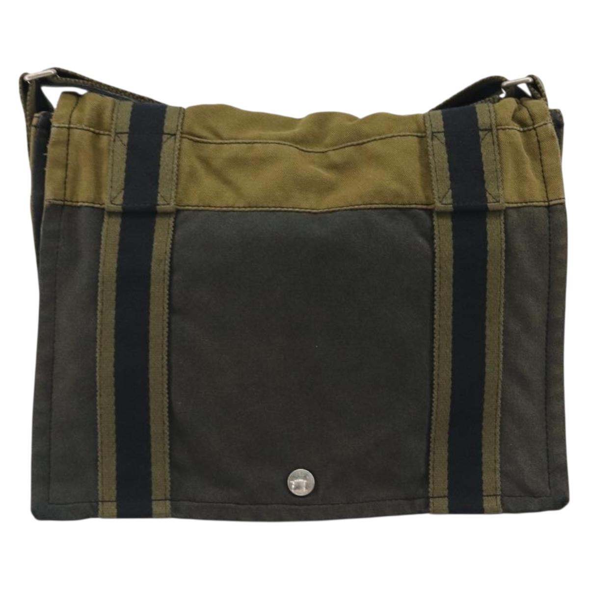 HERMES Bassus PM Shoulder Bag Canvas Khaki Silver Auth mr2731