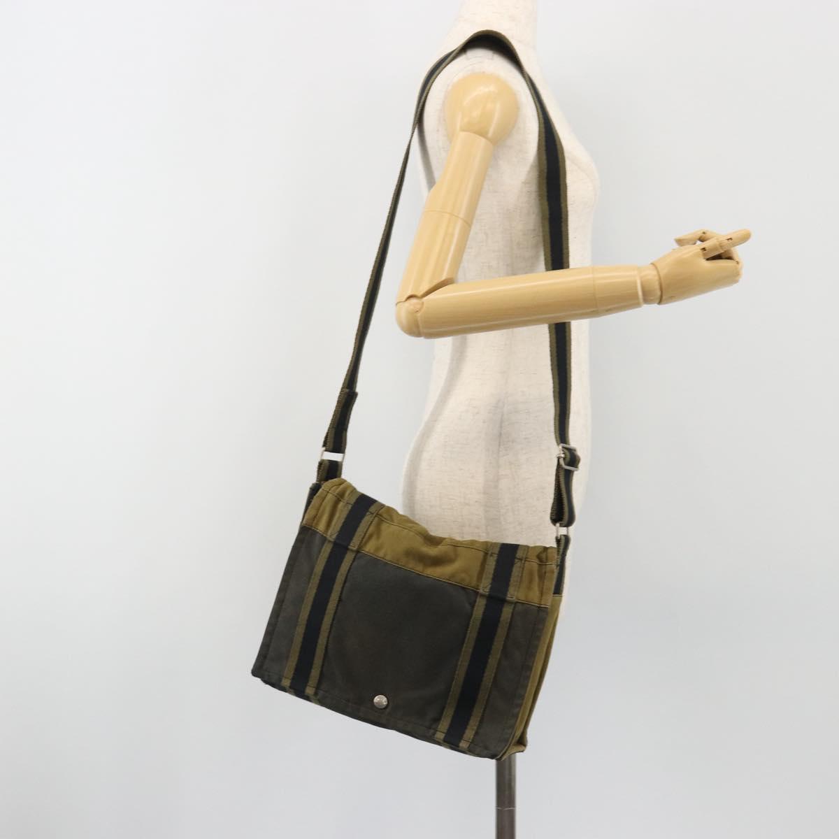 HERMES Bassus PM Shoulder Bag Canvas Khaki Silver Auth mr2731