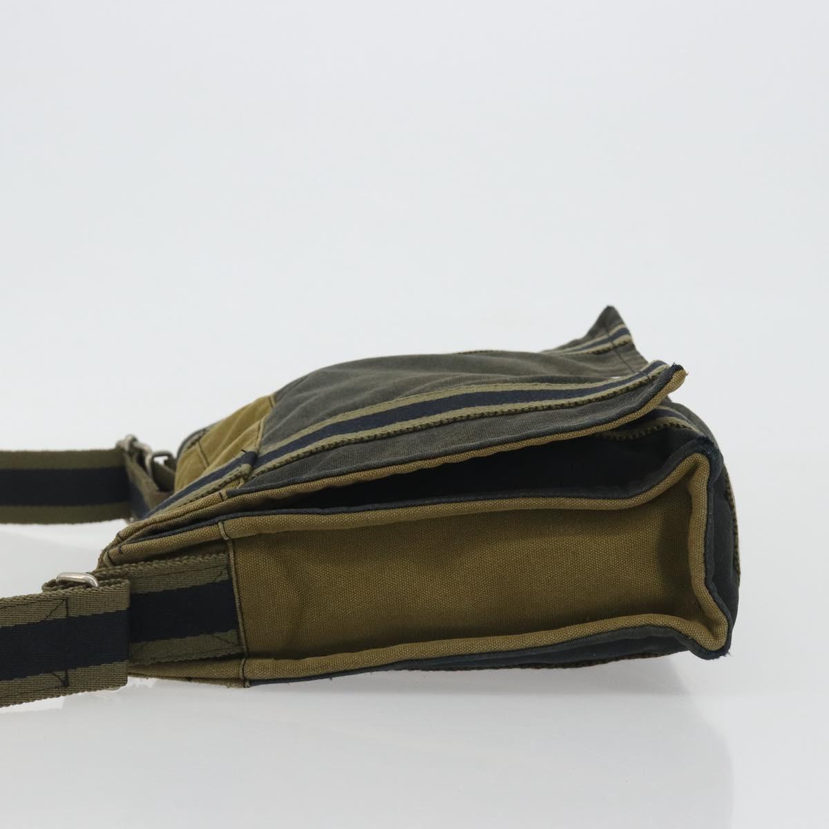HERMES Bassus PM Shoulder Bag Canvas Khaki Silver Auth mr2731