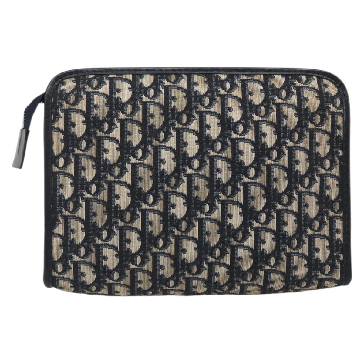 Christian Dior Trotter Canvas Clutch Bag Navy Silver Auth mr2733