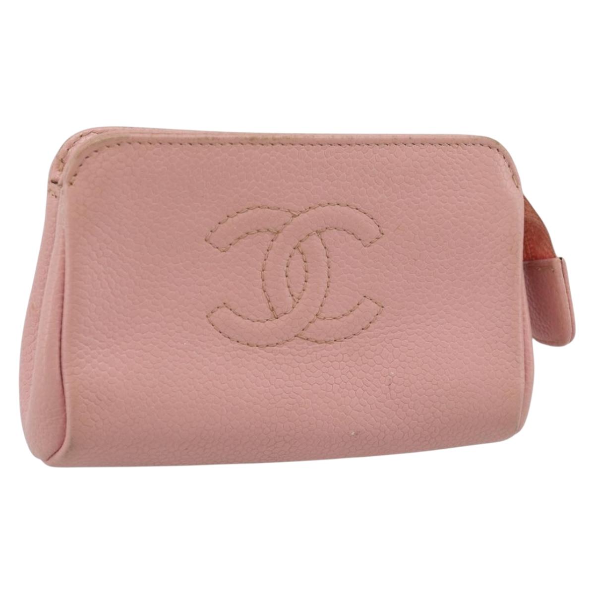 CHANEL Pouch Caviar Skin Pink Gold CC Auth mr2739