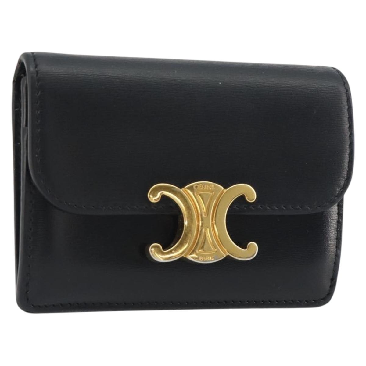 CELINE Triomphe Card Case Leather Black Gold Auth mr2753A