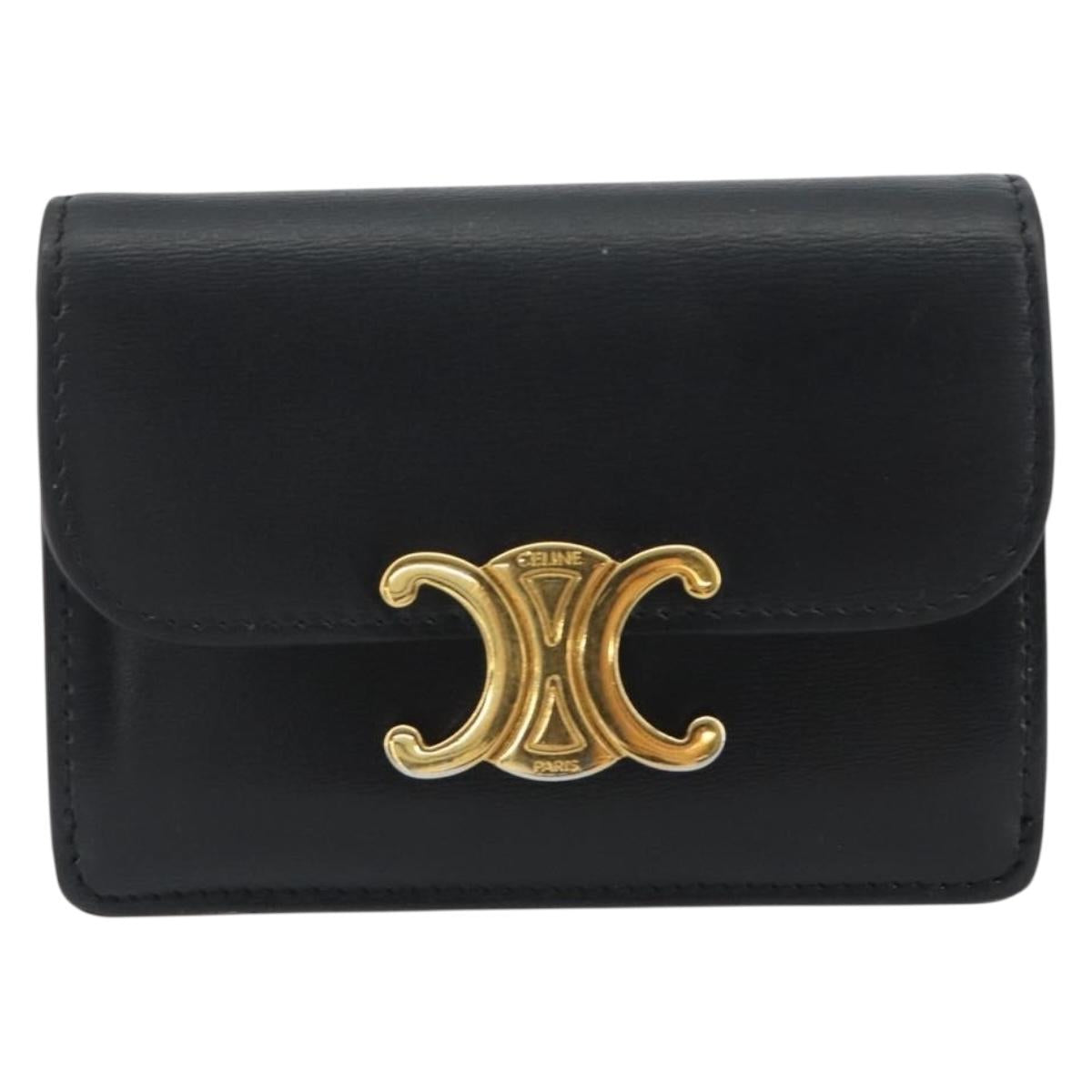CELINE Triomphe Card Case Leather Black Gold Auth mr2753A