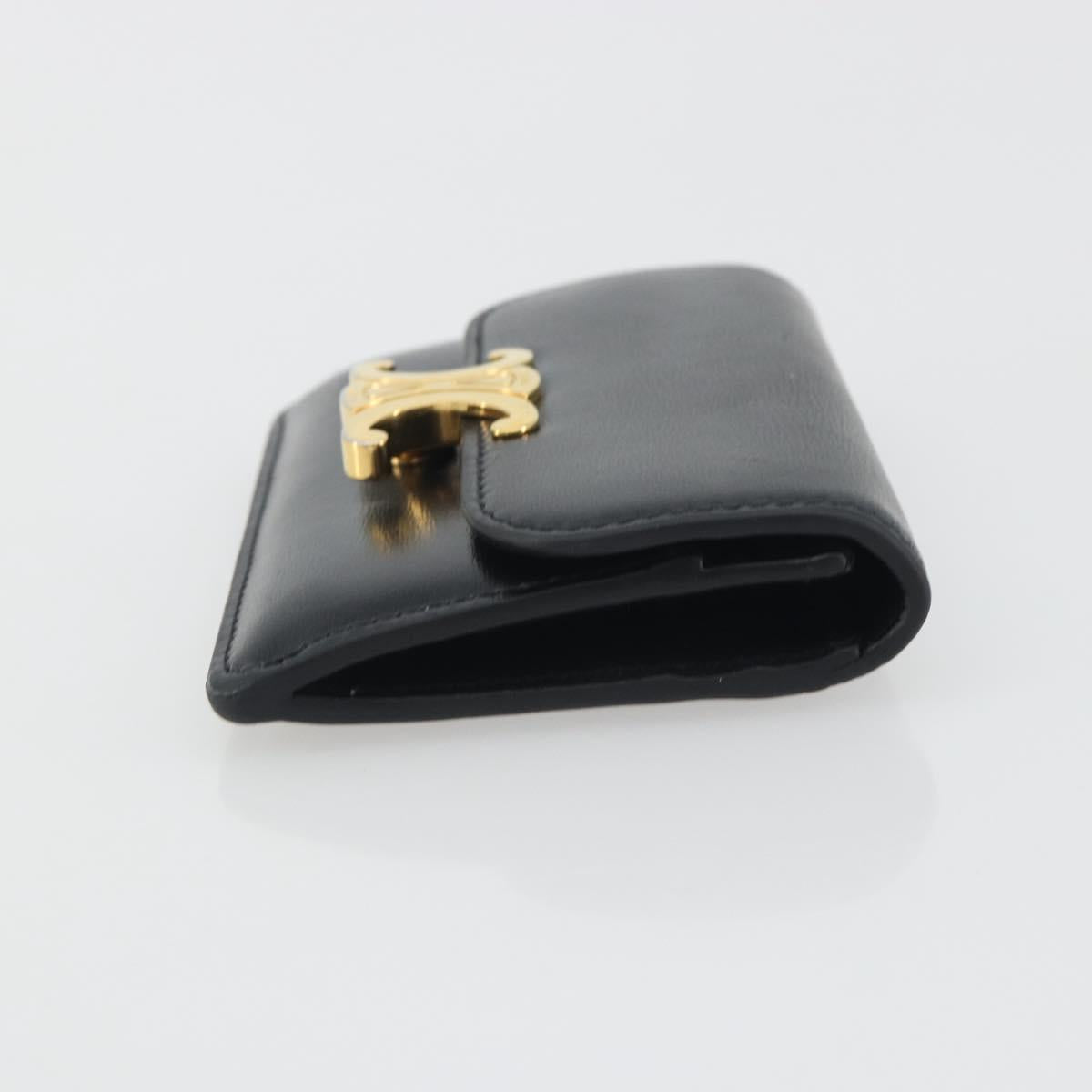 CELINE Triomphe Card Case Leather Black Gold Auth mr2753A